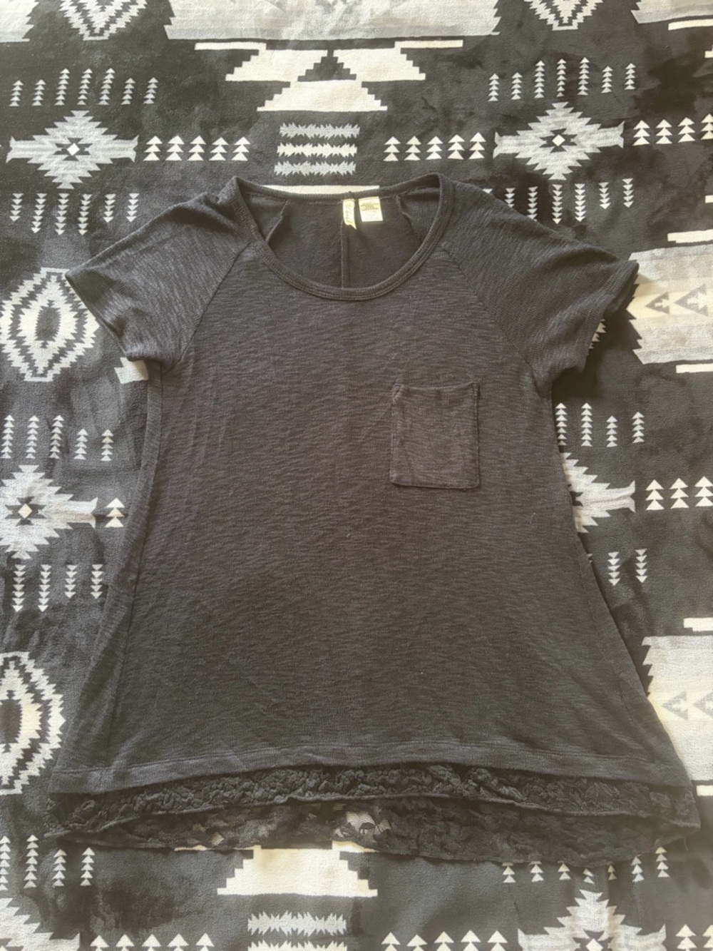 NWOT Chenault Black Short Sleeve Pocket Tee with Lace Hem